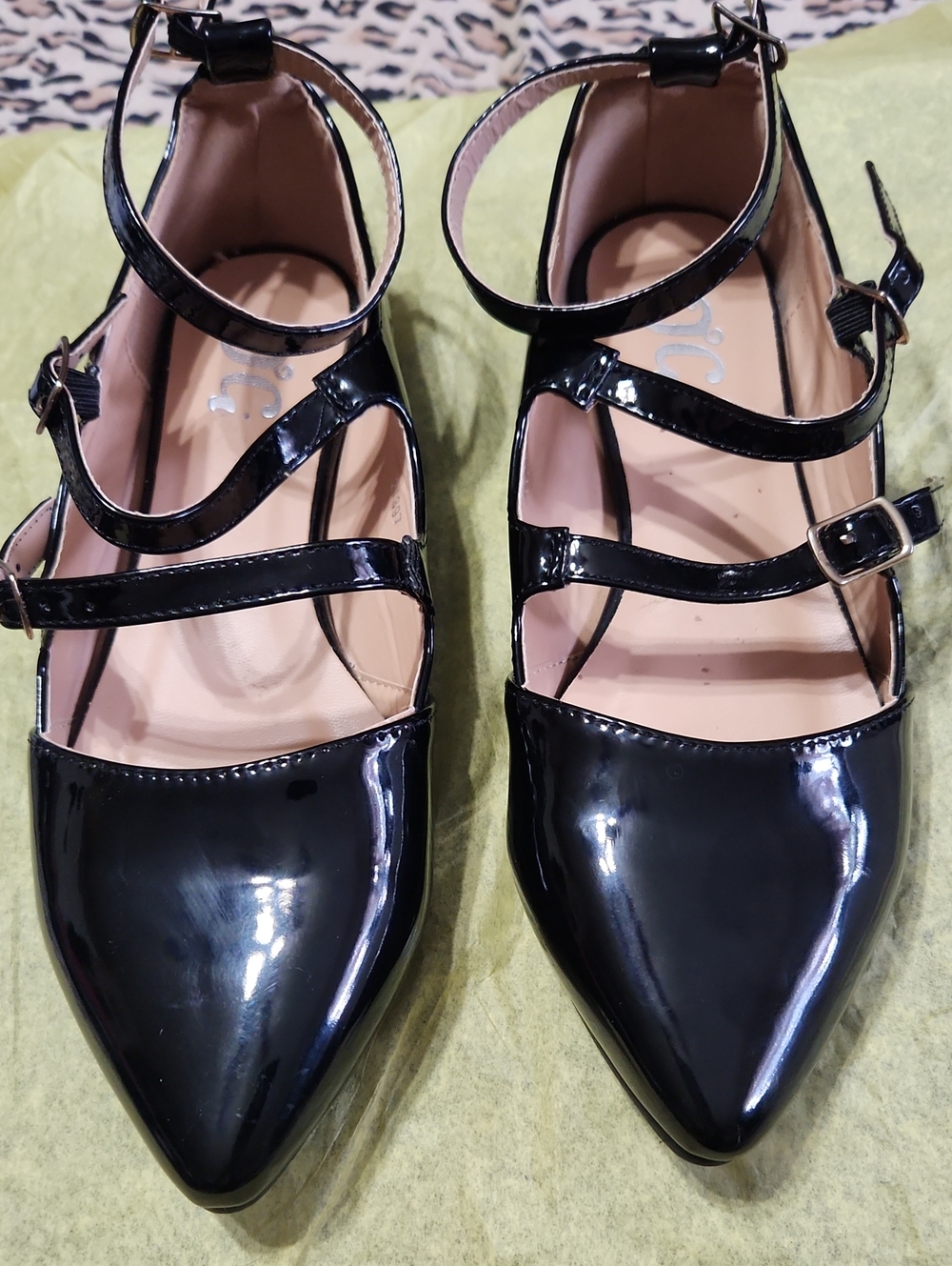 Patent Pointed-Toe Black Triple-Strap Flats with Ankle Buckle